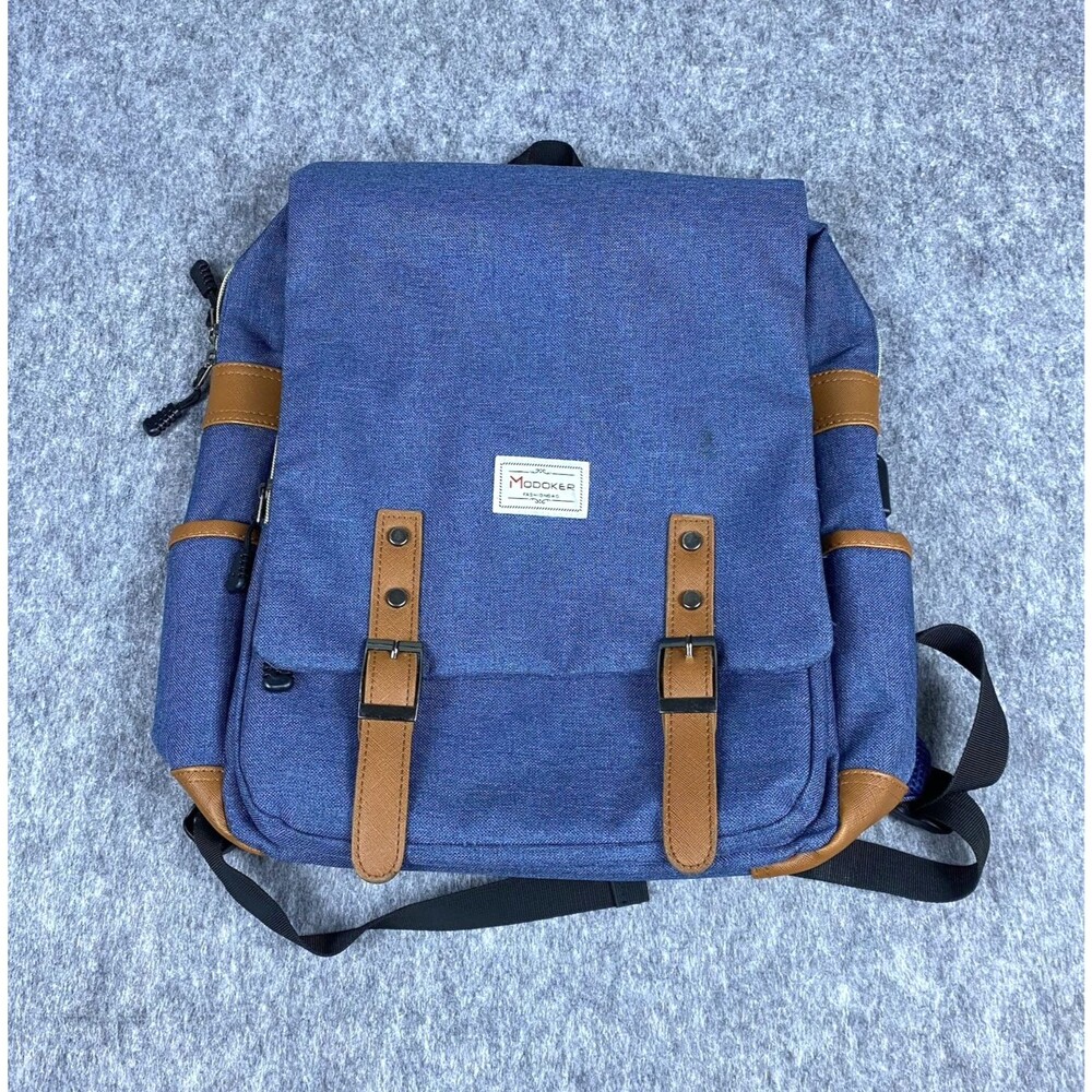 Modoker Vintage 15 inch Laptop Backpack with USB Charging Blue/Brown Leather